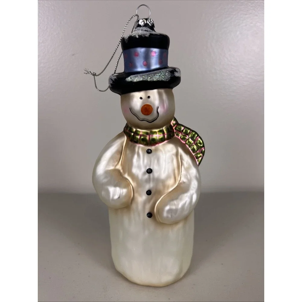 Kurt Adler Handblown Glass Snowman Christmas Ornament Top Hat‎ Scarf Festive